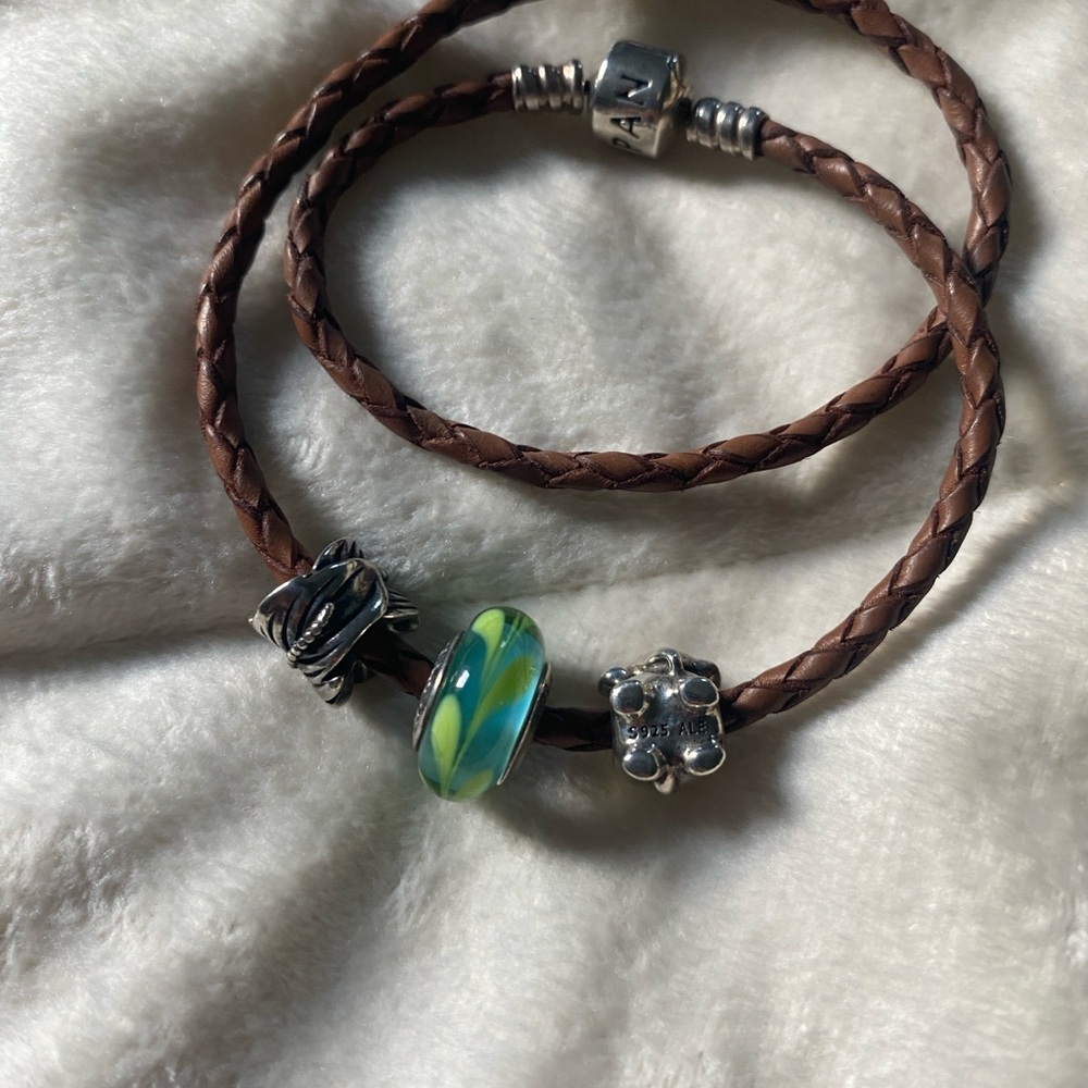 Pandora Brown Braided Leather Wrap Bracelet with Sterling Silver Charms - Picture 3 of 6